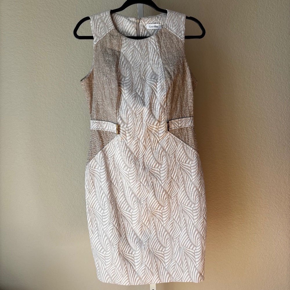 Calvin Klein Cream and White Size 8 Women's Textured Dress